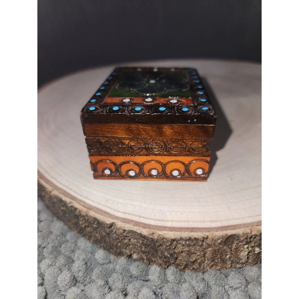 Polish Hand Made Painted/Carved~Burnt Details- Wooden Trinket Box Blue Flower